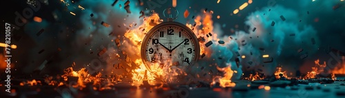 Exploding clock, fire and digital shards, futuristic timer set, twilight glow, eye level, chaotic urgency. photo