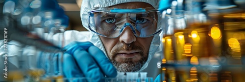 A scientist in protective gear and goggles is working with test tubes