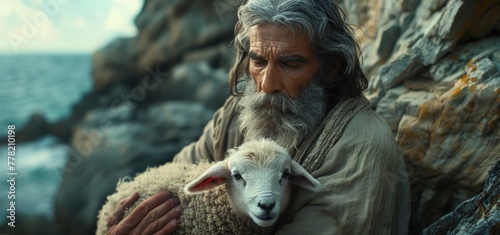 biblical shepherd holding a lamb in his arms
