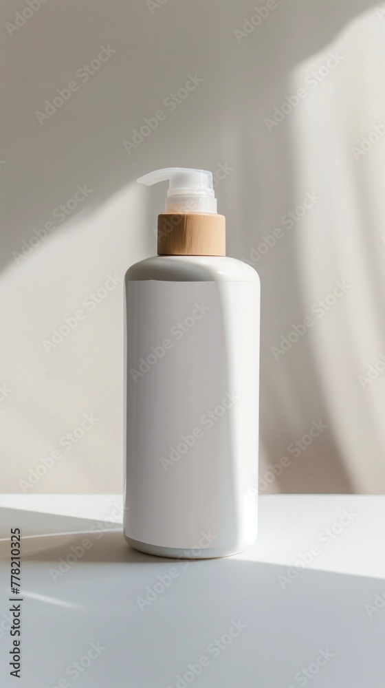 Minimalistic white bottle with pump dispenser in soft natural light on a neutral background. Minimalistic white bottle with pump dispenser in soft natural light on a neutral background.