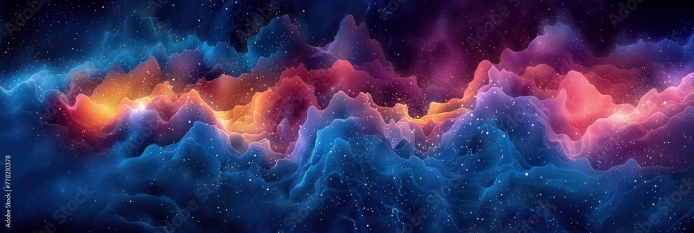 This image features a fantastical cloud formation in dark blue and purple hues, infused with streaks of pink and orange, resembling a celestial nebula or a colorful stormy sky.