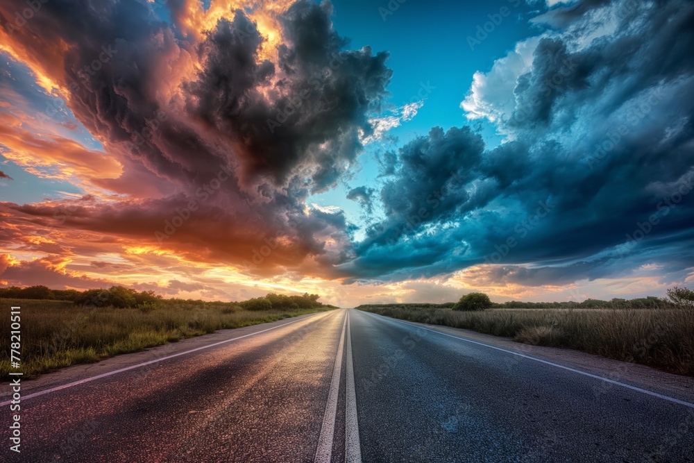 An asphalt highway extends into the horizon under a majestic sunset sky with vibrant clouds.