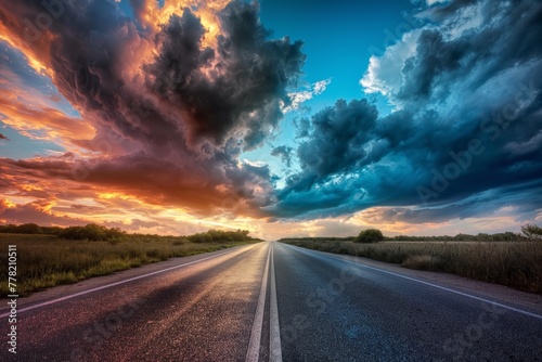 An asphalt highway extends into the horizon under a majestic sunset sky with vibrant clouds.