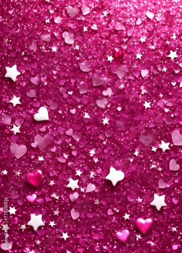 Pink glittery stars and heart background, shiny glitter pink texture