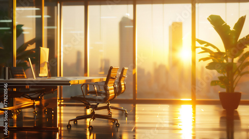 Blurred office workspace background at sunrise / sunset , interior workplace with cityscape for business presentation, AI generated