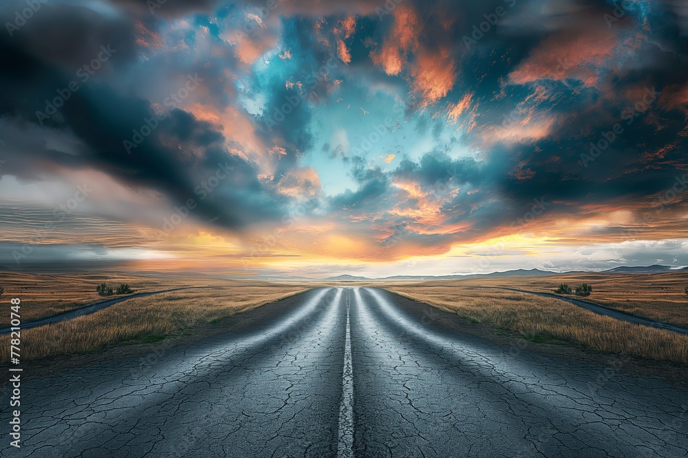 Vast landscape with a dramatic sunset and open road leading towards the horizon, symbolizing journey and discovery.