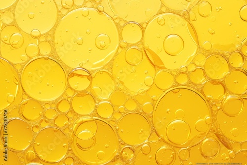 Closeup of olive oil bubbles in a yellow background