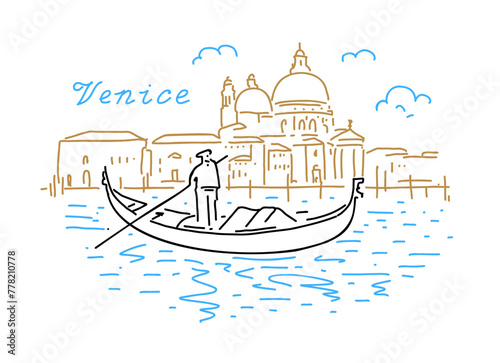 Architecture of Venice with a gondola on the water. Vector hand drawn linear illustration