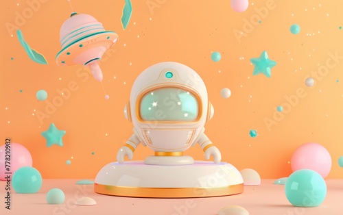 3d render of podium on pastel background. Cartoon astronaut kid in space ship and ufo, 3d render