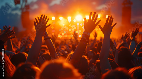 Crowd at a concert raising hands in the air, under the sky