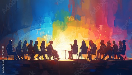 group therapy, silhouette of people sitting on chairs talking to each other