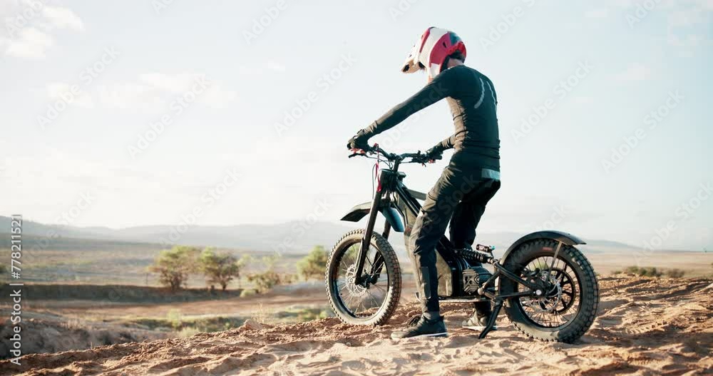 Outdoor, motorbike and man with travel, training and safety with extreme sports and transport with sand. Dune, sunshine or driver with protection and competition with cycling or energy with challenge Outdoor, motorbike and man with travel, training and safety with extreme sports and transport with sand. Dune, sunshine or driver with protection and competition with cycling or energy with challenge