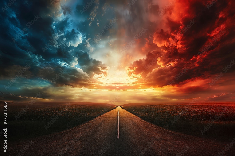 A striking image capturing a road leading towards the horizon under a dramatic, cloud-filled sky, half glowing with the warmth of sunset and half shrouded in stormy darkness.