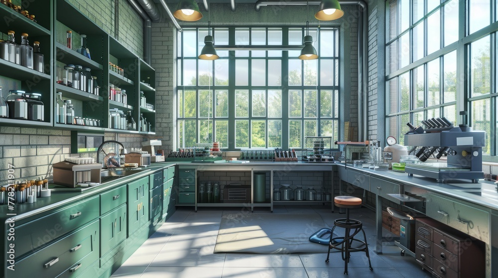 A highly detailed 3D illustration of a modern laboratory workplace