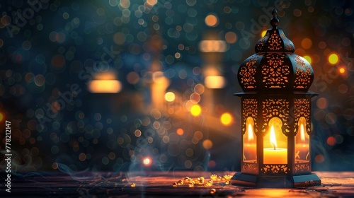An ornamental Arabic lantern casts a warm glow with a burning candle photo