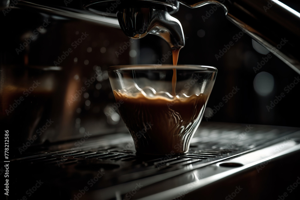 Espresso pours into a cup, warm ambiance.
 - obrazy, fototapety, plakaty 