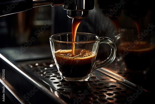 Espresso pours into a cup  warm ambiance. 