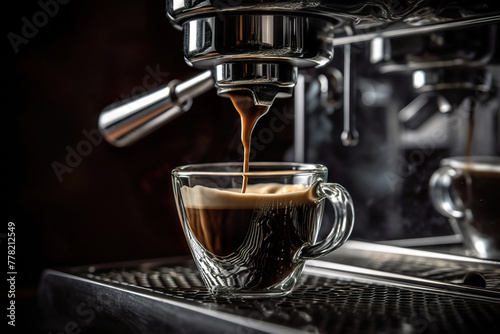Espresso pours into a cup, warm ambiance. 