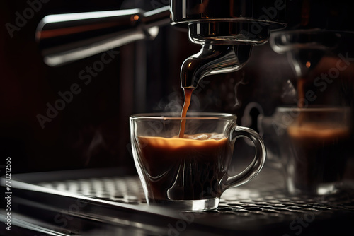 Espresso pours into a cup, warm ambiance. 