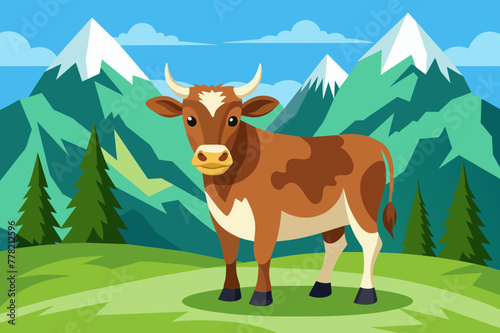 Alpine cow against the background of green mountains. Summer time. Vector image. 