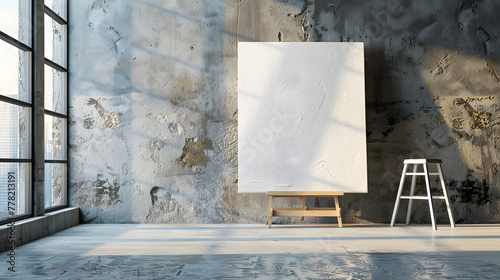 A large white canvas stands on a wooden easel in a room with a bare concrete wall.
