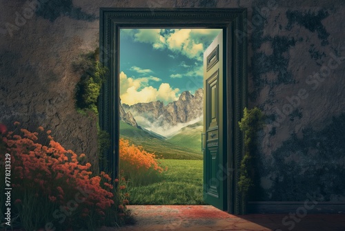 An open door in a frame on a weathered wall leading to a vibrant natural landscape.