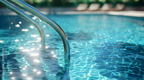 A close-up of a swimming pool with a stainless steel railing in the clear blue water. 