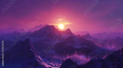 A vibrant sunset paints the sky with streaks of pink, orange, and purple above a silhouette of snow-capped mountains.
