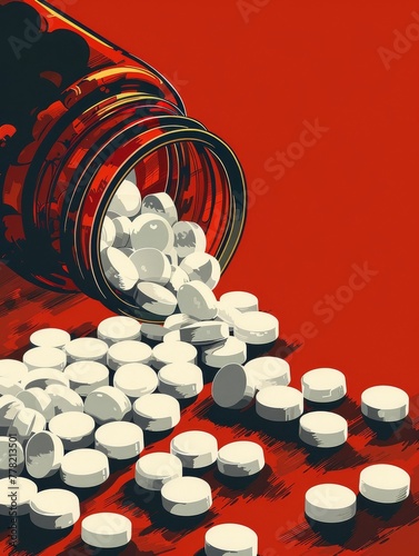 White pills spilling. pill bottle. red background. Health. Medication. Sick. Illness.  photo