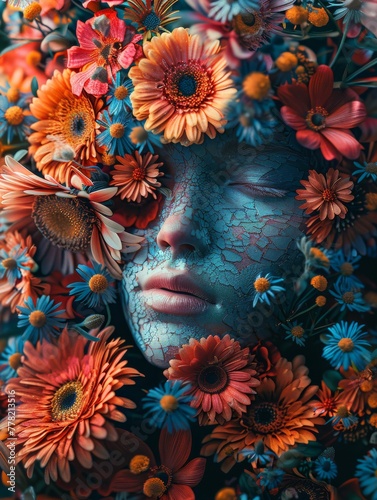 Abstract surreal background depicting a head surrounded by a mesmerizing bouquet of colorful flowers, perfect for creative endeavors.