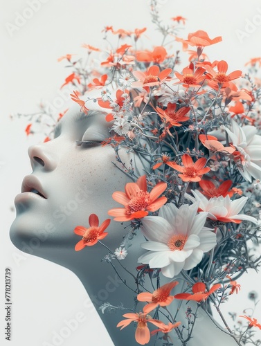Creative surreal background showcasing a head adorned with elegant floral elements, perfect for artistic compositions.