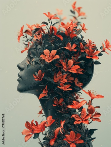 Creative surreal background showcasing a head adorned with elegant floral elements, perfect for artistic compositions.