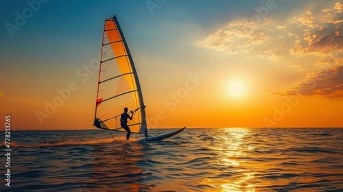 silhouette of a windsurfer standing on a board against a sunset background.AI generated image © Daisha