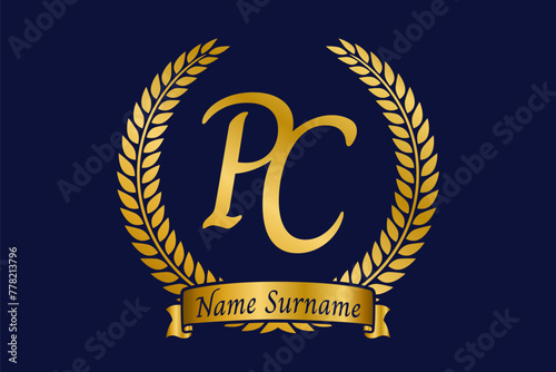 Initial letter P and C, PC monogram logo design with laurel wreath. Luxury golden calligraphy font.