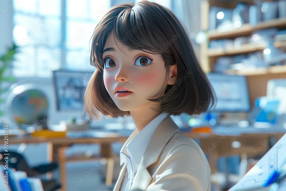 A style UI for a landing page, a anime girl real life girl with a haircut is discussing design drawings in the office, She is wearing a fashionable suit. A style UI for a landing page, a anime girl real life girl with a haircut is discussing design drawings in the office, She is wearing a fashionable suit.