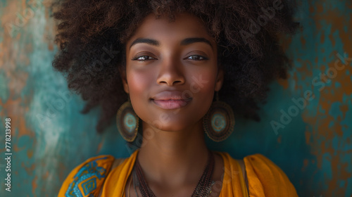Dark skinned beautiful woman with curly hair and nude makeup and yellow dress on colourful background. Selective focus. Natural woman beauty concept 