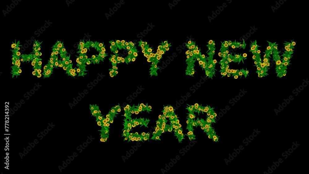 Happy New Year text with yellow daisy flowers and green leaves on plain black background Happy New Year text with yellow daisy flowers and green leaves on plain black background