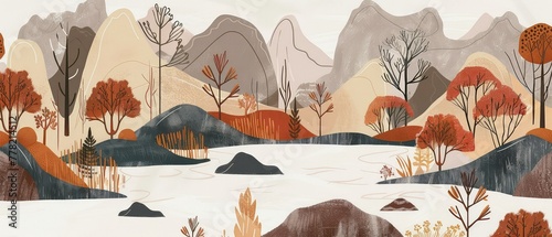 Wall art of boho scandinavian minimalist nature landscape with earthy colors.