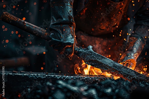 a person holding a hammer over a fire