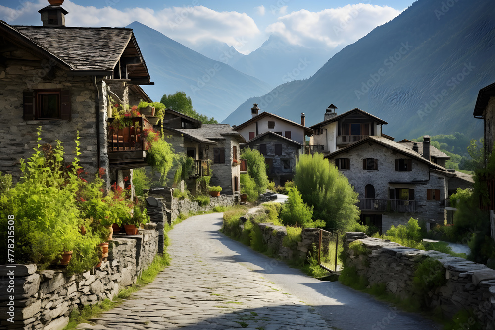 Italian rustic village near the mountains, rustic ciiity in the italian alps