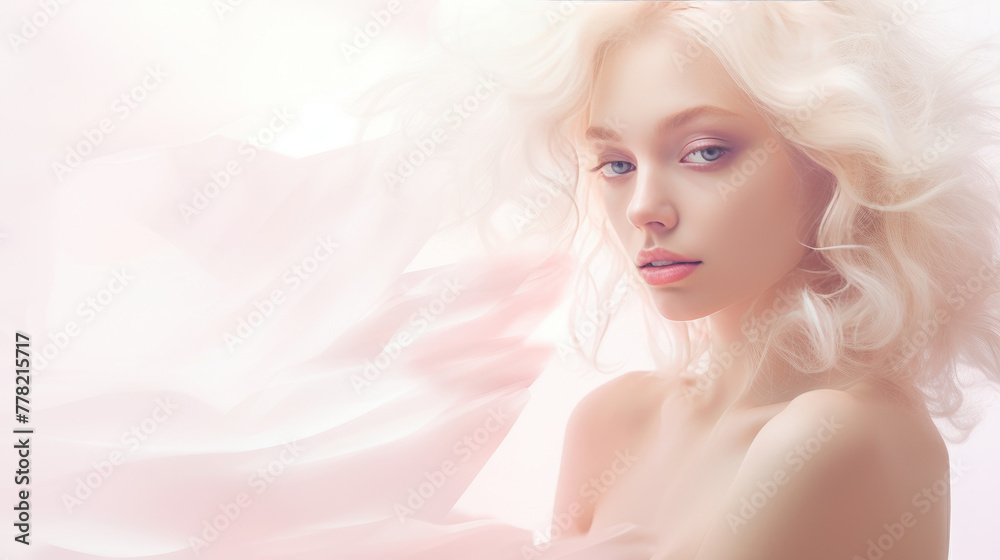 Woman depicted in an ethereal portrait style, with soft white and pink hues