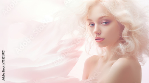 Woman depicted in an ethereal portrait style, with soft white and pink hues