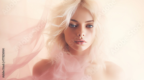 Woman portrayed in a soft, ethereal style, with soft white and light pink hues
