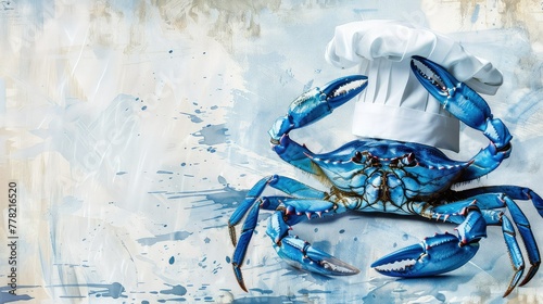 A watercolor of blue crab wearing a chef hat with copy space. photo
