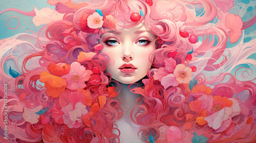 Pink hued, ethereal woman evoking a vintage fantasy