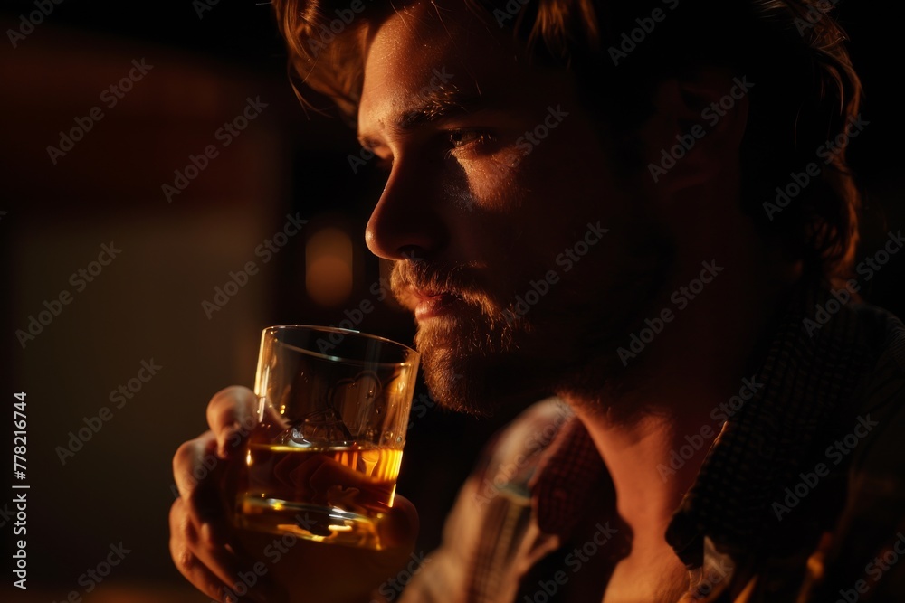 A man is holding a glass of whiskey and looking at the camera