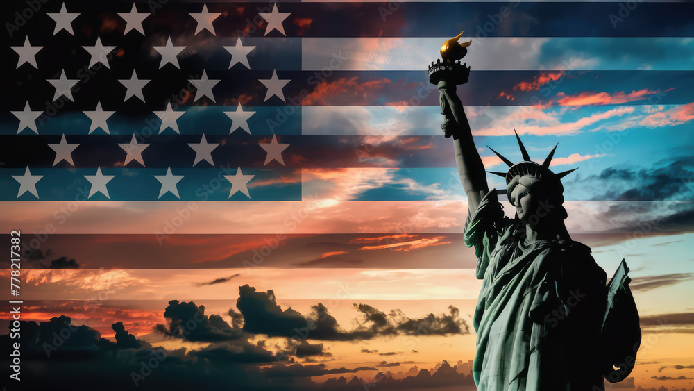 Fototapeta premium Statue of Liberty Silhouette Faded American Flag, Dream, Copy-Space