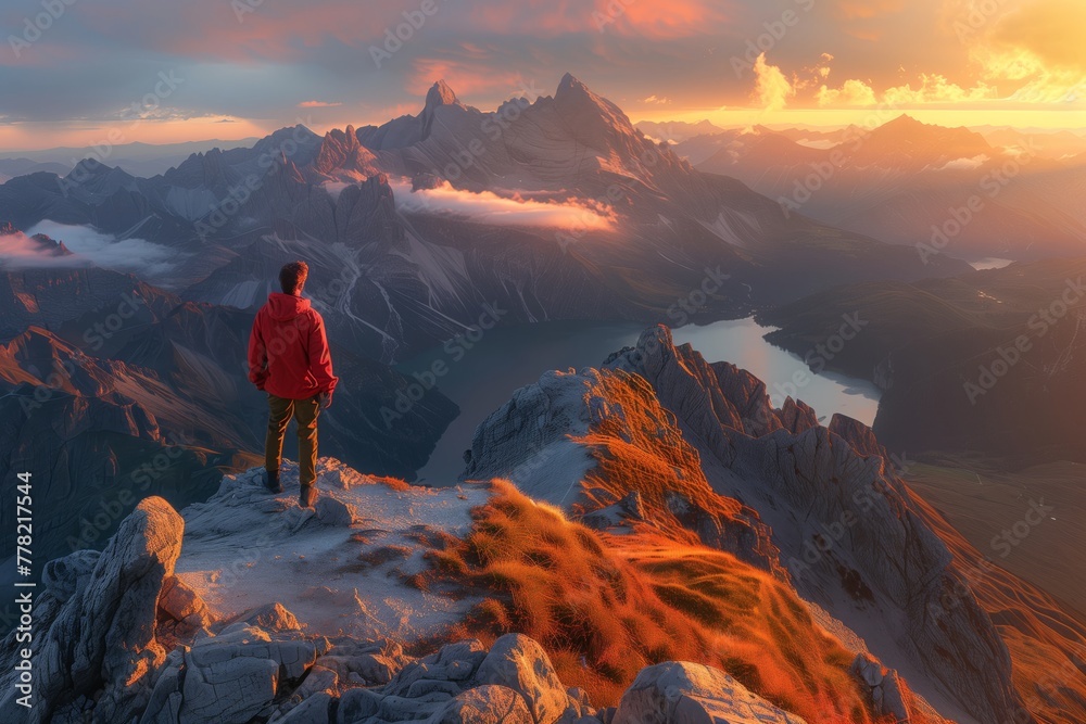 Lone hiker stands contemplating a majestic mountain sunset, AI generated.