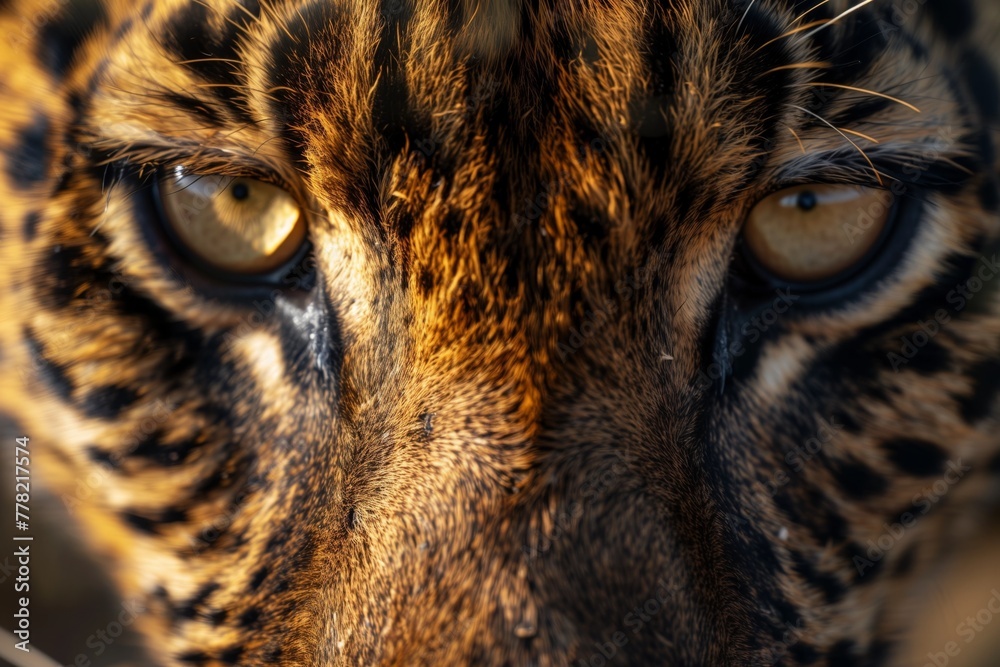 A detailed close-up of a tiger's eye capturing the intensity and beauty of the predator during a serene sunset, AI generated.