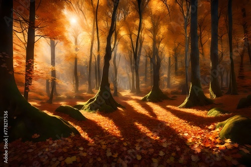 A sunlit glade in the heart of the forest, where autumn leaves create a magical scene.